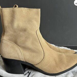 Zara Leather Split Suede Cowboy Ankle Boots Pointed Toe Tan Size 39